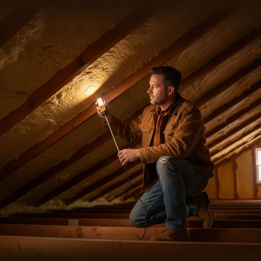 Inspector examining spray foam insulation in an attic for signs of a problem